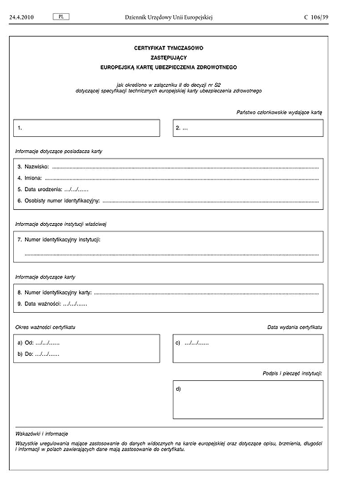 Certyfikat Tymczasowo Zastępujący EKUZ Certyfikat Tymczasowo Zastępujący EKUZ